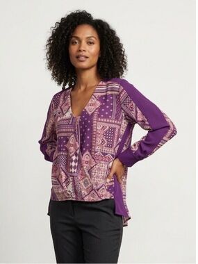 IMAN Global Chic Purple Geometric Print Draped Blouse, Women’s S, Multicolor
